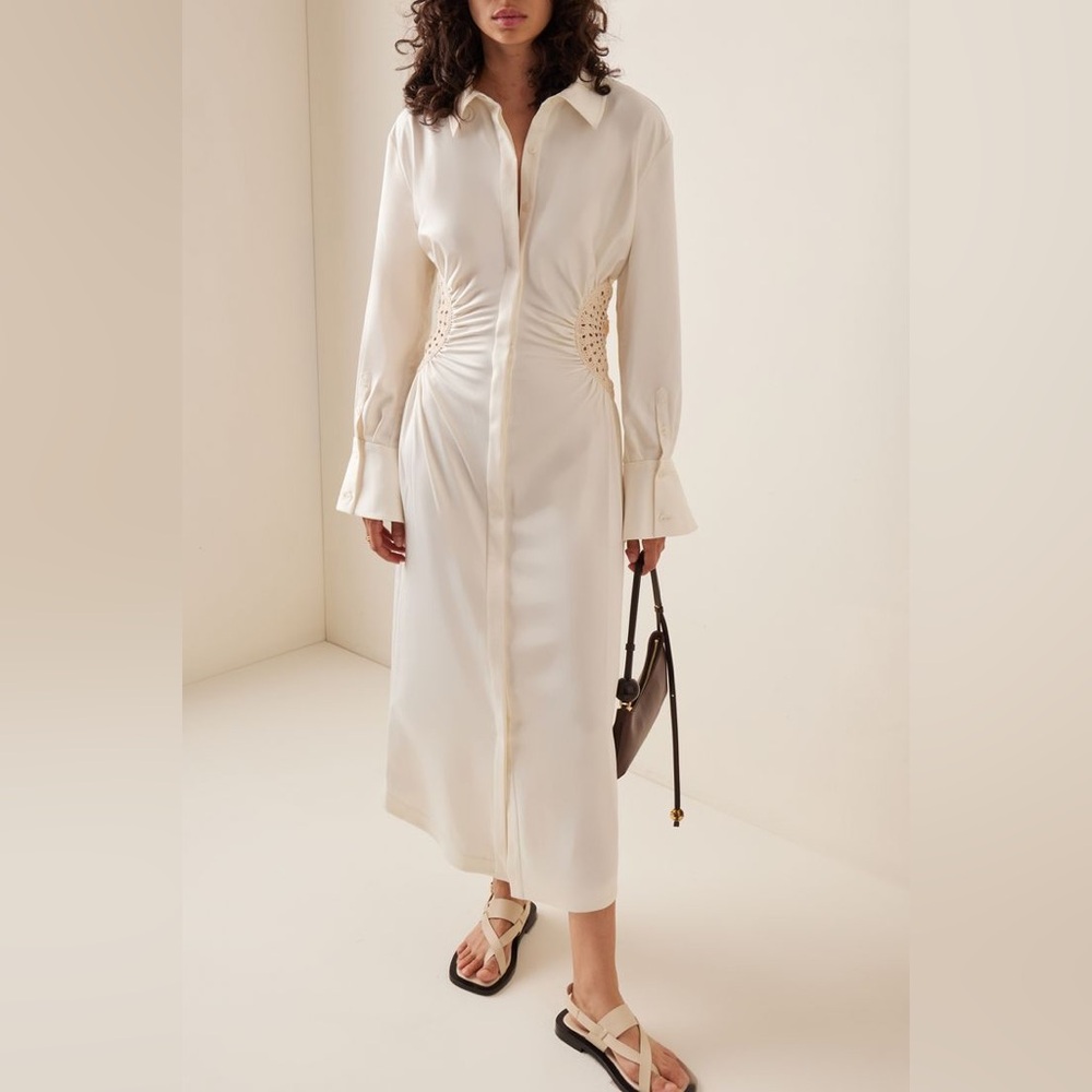Simkhai Rhoda Fossil Crochet Combo Shirt Dress